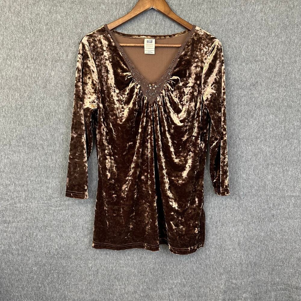 Vintage Faded Glory Velvet Brown Top Beaded Neckline Sz L Streetwear Casual